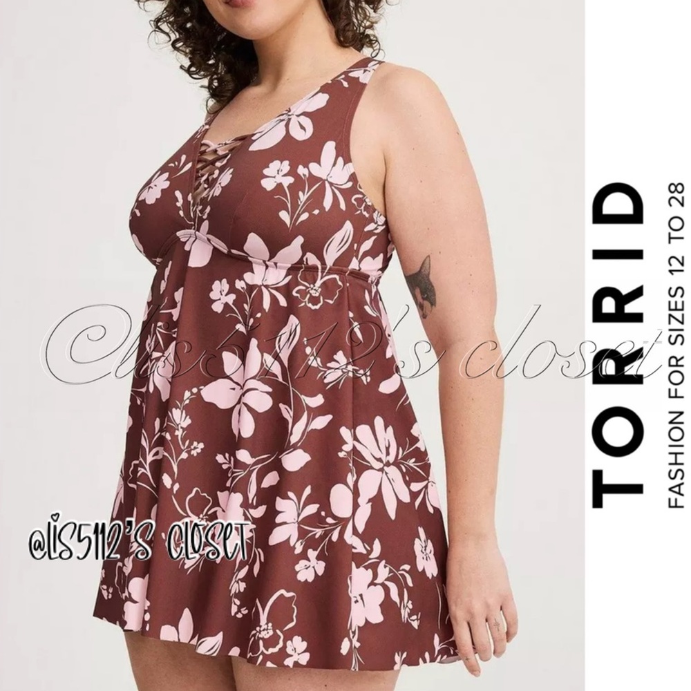 Torrid Kaina Tropical Chocolate Floral Lattice Swim Dress Swimsuit 1X 14 16